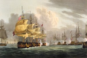 La destrucción de la flota danesa frente a Copenhague, 2 de abril de 1801, grabado por Bailey para 